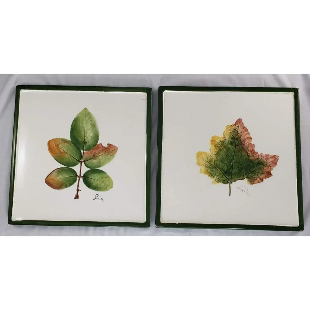 Pier 1 Leaf Trivet Tiles Set of 2 Italy Green White